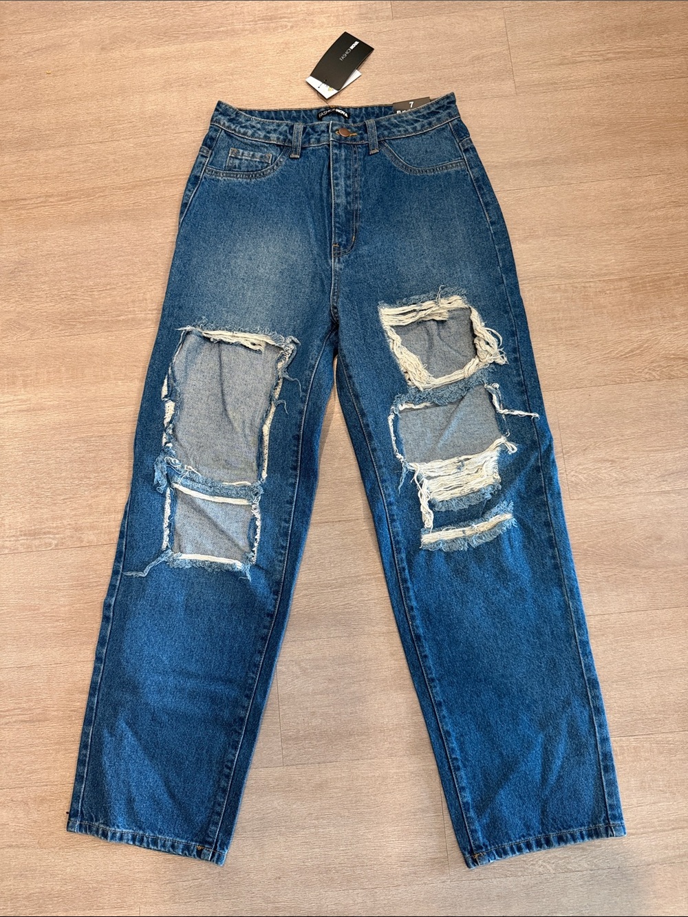 Fashion Nova High Rise Distressed Dark Blue Jeans - Size 7 - NWT!